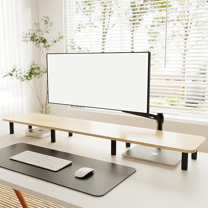 Large Extra Long Monitor Stand Riser 43.7in,Dual Monitor Riser, Wide TV Stand for 2 Monitors, Wood & Steel Leg Adjustable Height Desktop Riser, Home Office Organization. (Natural)