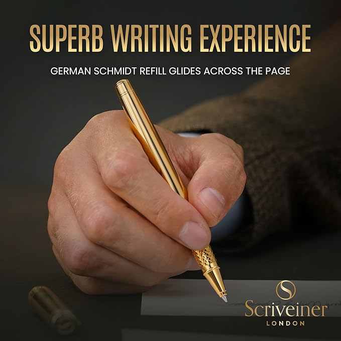 Scriveiner Gold Rollerball Pen - Stunning Luxury Pen, Real Gold Plating, Schmidt Ink Refill, Best Roller Ball Pen Gift Set for Men & Women, Professional, Executive Office, Nice Pens