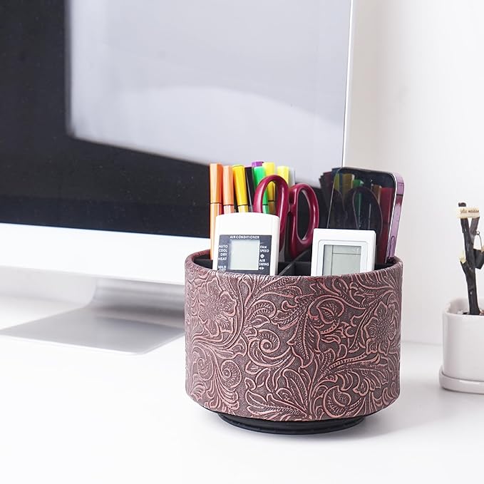 lizimandu Round Leather Art Supply Organizer,Remote Control Holder,360 Degree Spinning,Multi-Functional Pencil Holder,4 Compartments Desktop Stationary Organizer(1-Carved Cooper Red)