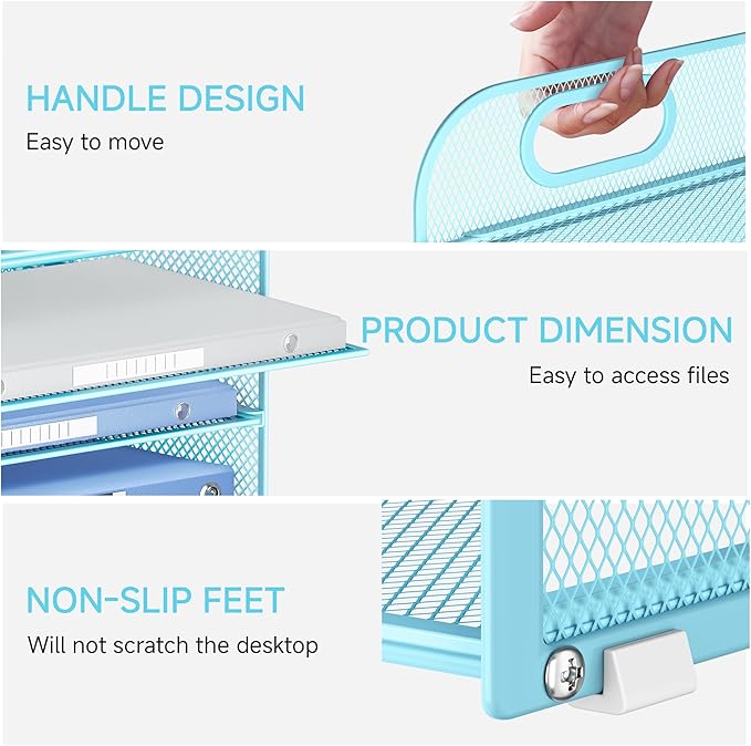 Lavatino 4-Tier Paper Organizer Trays - Blue Mesh File Folder Sorter with Handles, Desk Letter Holder Organizer for Office, Home, School Supplies Storage & Organization