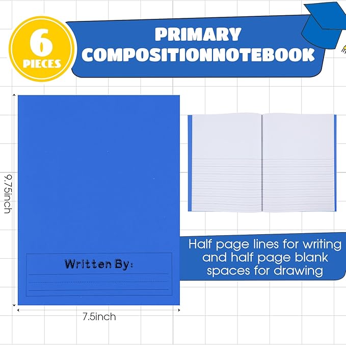 Henoyso 6 Pcs Primary Composition Notebook K-2 9 3/4 x 7 1/2 Inch Primary Journal, Back to School Supplies, Bulk Blank Writing Book for Kid to Write Draw Journal 60 Page Notebooks (Blue)