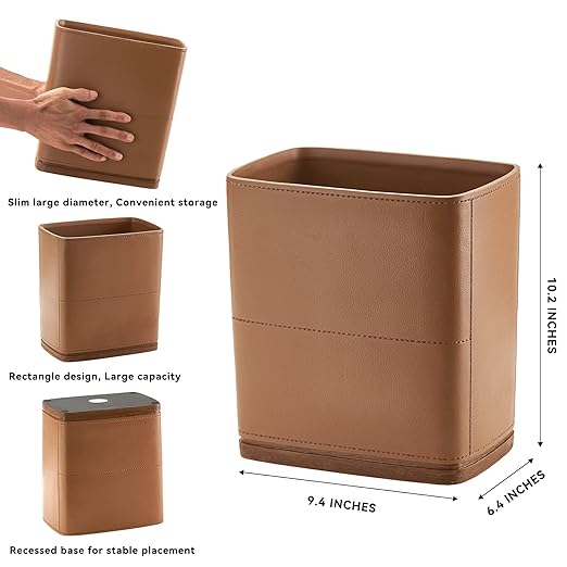 Polytree Bathroom Trash Can 1.8 Gallon(7 Liter) Small Kitchen Garbage Can,Decor Wastebasket for Bedroom Office,Resin Hand-Carved Leather Brown