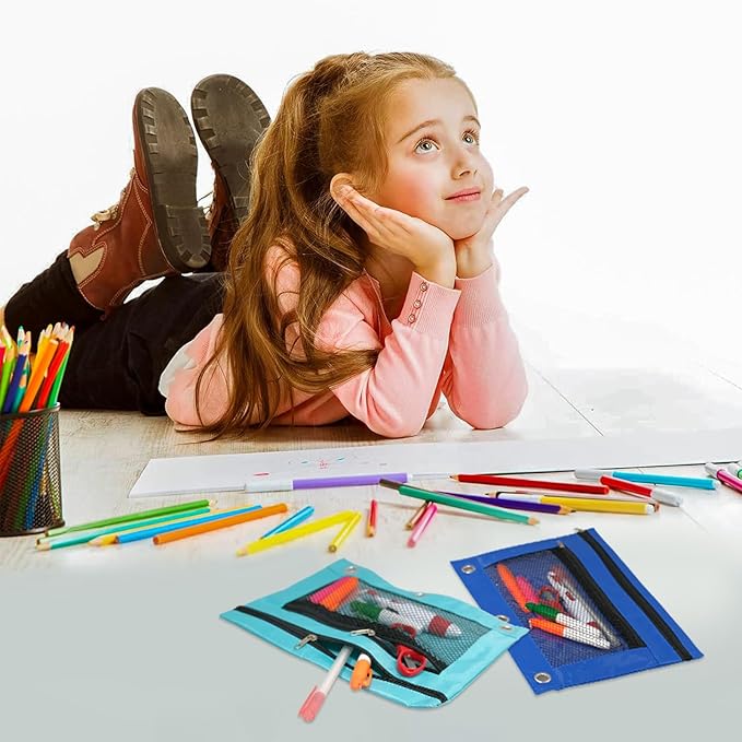 64 Pcs Pencil Pouch for 3 Ring Binder 16 Colors Zippered Pencil Pouch Bags Bulk Binder Pencil Case with Clear Window for Classroom School and Office