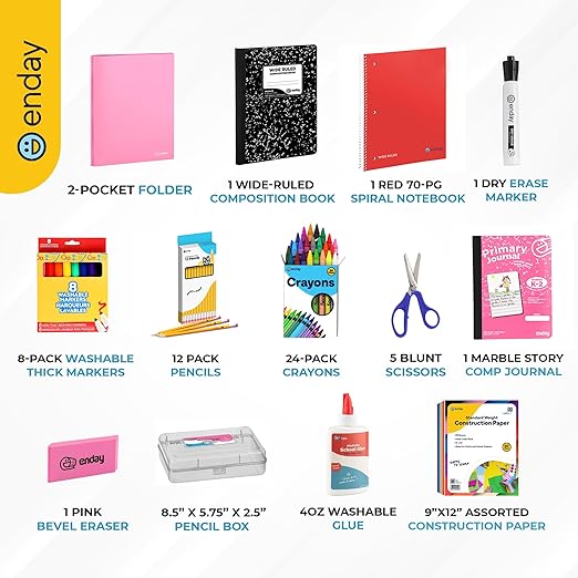 Enday 1st Grade and Kindergarten School Supplies Kit - 54 Piece Back to School Supplies Kit, Premium Quality Kids School Supplies for Girls & Boys, Kindergarten & First Grade School Supplies for Kids