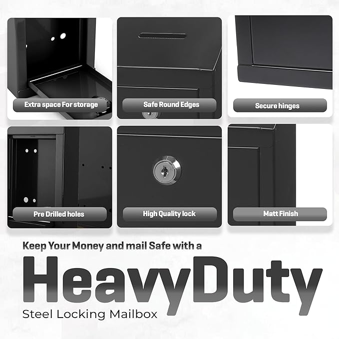 Metal Donation Box-Suggestion Box with Slot and lock-Cash Lock box for Money-Secure Drop Box-Comment and ballot voting box-comes with pre-drilled holes for easy wall mounting 10 X 6 X 2.5"(Black)