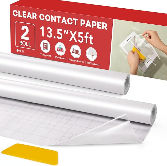 2 Rolls Clear Contact Paper, Plastic Book Covers 13.5 in x 5 ft, Contact Paper Peel and Stick, Clear Self Adhesive Protective Liner Papers Protector for Crafts Paperback Textbook Hard Covers Documents