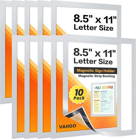 10Packs Magnetic Frames for Refrigerator & Metal Surfaces - 8.5x11 Magnetic Sign Holder - File/Paper/Document Holder with Photo/Picture/Poster Frame for Commercial/Home Use (Silver)
