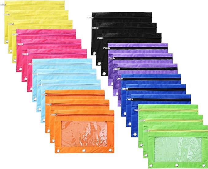 Boao 60 Pcs Pencil Pouch for 3 Rings Binder Pencil Bags Bulk with Zipper Colorful Case Stationery Bag with Clear Window for Office Supplies
