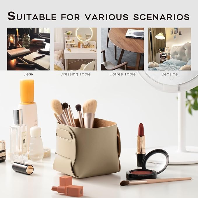 HOMIEAZICOZI 2-Pack Cork Leather Desk Accessories Storage - Pencil Pen Holder - Makeup Brush Holder Organizer - Stylish Addition to Home Decor (Champagne Gold)