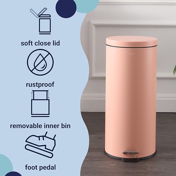 happimess HPM1000D Oscar 8-Gallon Step-Open Trash Can with Free Mini Trash Can, Modern, Fingerprint Proof for Home, Kitchen, Office, Large:7.9 Gallon Small:1.3 Gallon, Flamingo Pink