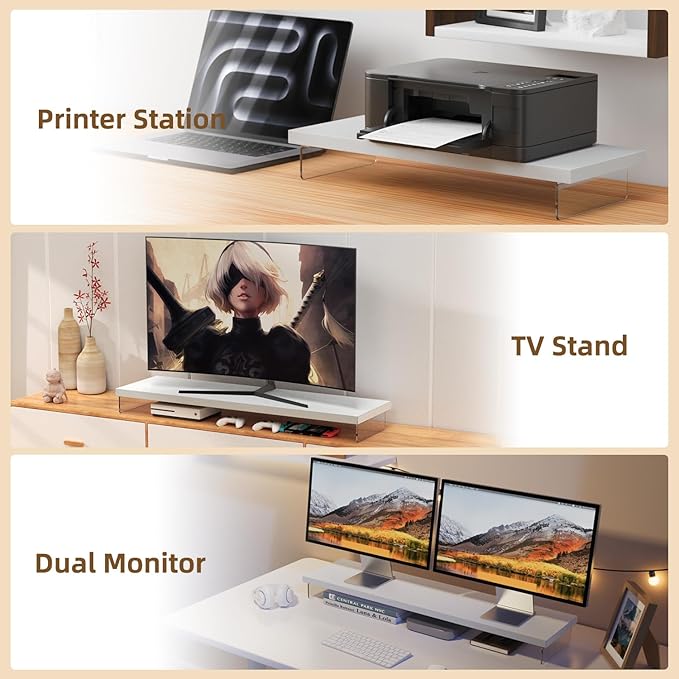 Dual Monitor Stand Riser, 40" Large Computer Monitor Stands for 2 Monitors, Wooden Desktop Organizer Shelf for Office Desk Computer, Laptop, TV, Monitor, Printer