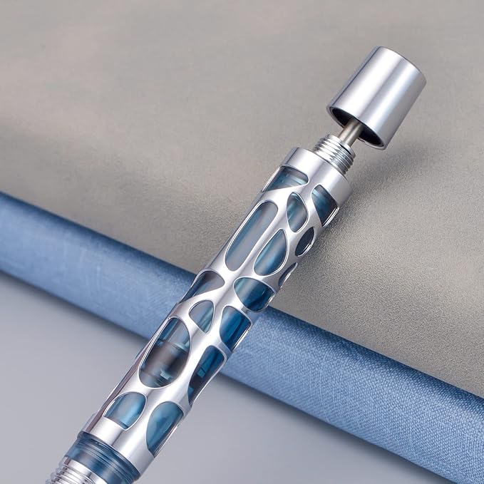 Asvine V169 Vacuum Filling Fountain Pen Fine Nib, Water Drop Skeleton Transparent Gray Blue Acrylic Pen Case Set