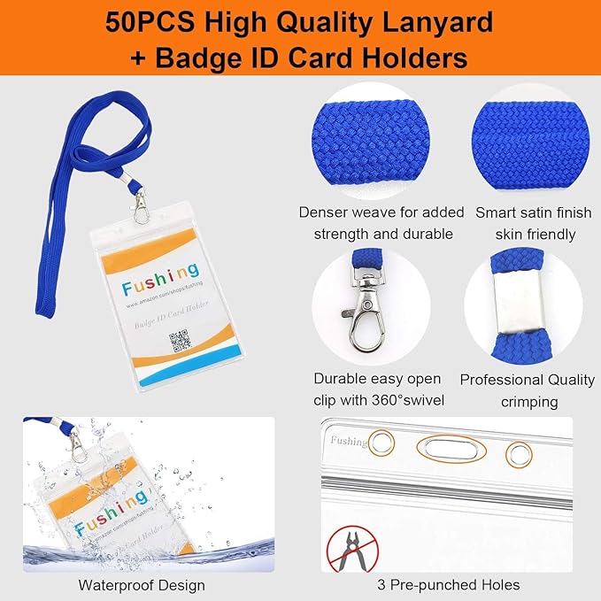 Fushing 50pcs Clear Plastic Vertical Name Tags Badge ID Card Holders and Blue Neck Lanyards with Swivel Hook for School, Festival, Event (S)
