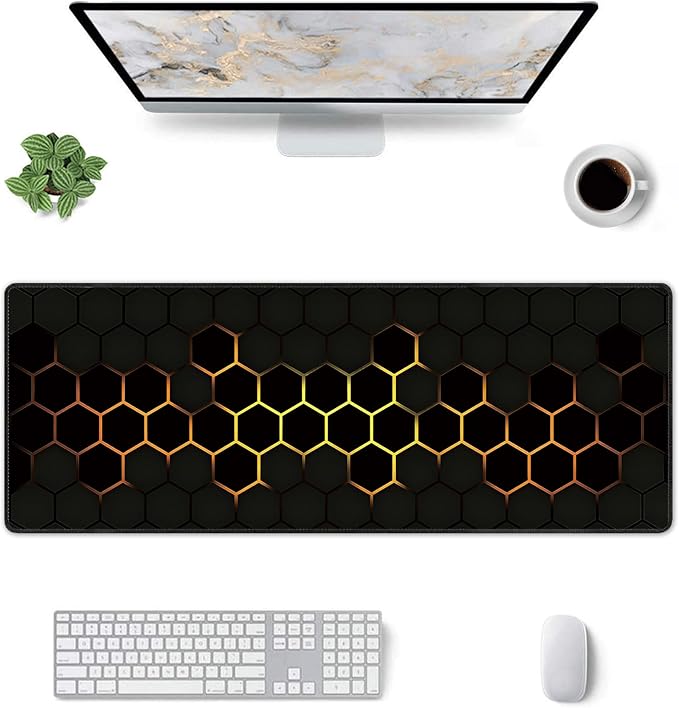 Hexagon Honeycomb Golden Large Mouse Pad, Gaming Desk Mat, XL Extended Keyboard Desk Pad, 31.5"x11.8" Non-Slip Rubber Base Big Mousepad with Stitched Edges for Home and Office