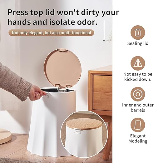 Bedroom Trash Can with Lid, 10L Office Trash Bin with Press Top Lid, Dog Proof White Garbage Can, Modern Nordic Waste Basket, 3 Gallon Plastic Garbage Bin for Home, Bathroom, Kitchen (White)