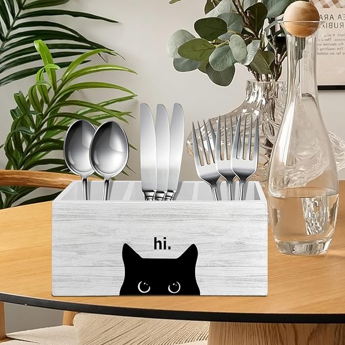 Hi Black Cat Pen Pencil Holder Organizer for Desk Accessories, Black Cat Mom Lady Lovers Owner Gifts Wooden Box Sign Desk Decor for Home Office Decoration, Pet Lover Gifts