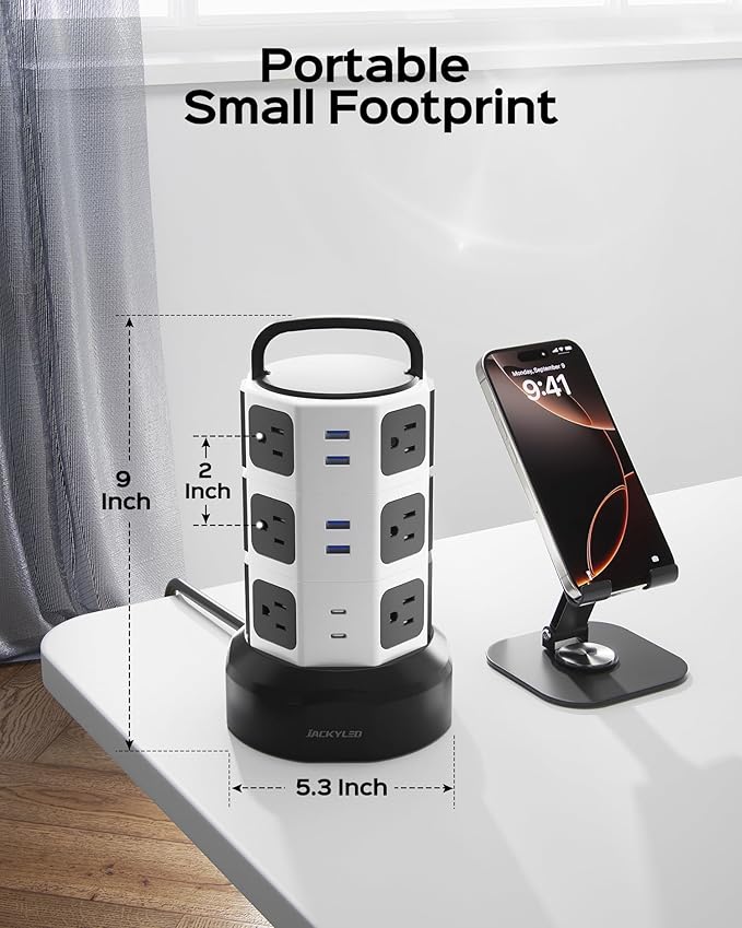 Power Strip Tower Surge Protector, JACKYLED 12 Outlets 6 USB (2 USB C) Charging Station, Extension Cord with Multiple Outlets, 1050J 1625W/13A Outlet Extender 6.5ft Extension Cord for Home Office