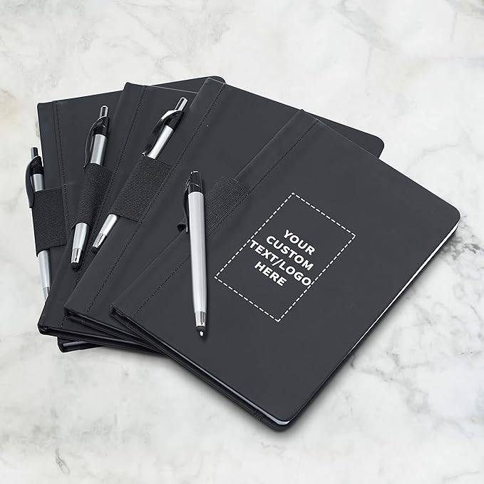DISCOUNT PROMOS 50 Executive Notebooks with Pen Pack - Customizable Text, Logo - 6 x 8.5 inches, Recycled, Pen Loop, Closure Strap - Black