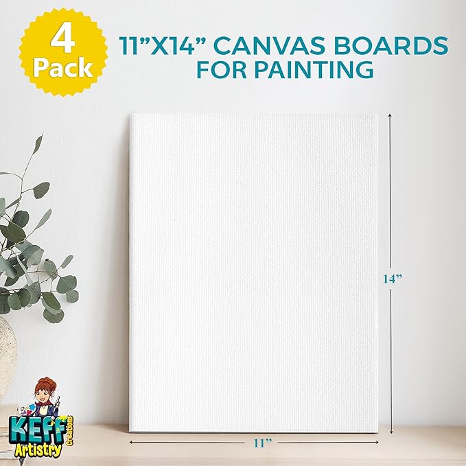 KEFF Canvas Boards for Painting - 11x14 4-Pack Art Paint Canvases - Bulk Canvas Panels Set - 100% Cotton Primed Painting Supplies for Acrylic, Oil, Watercolor & Tempera
