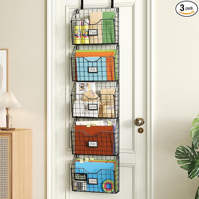 5-Tier Over the Door File Organizer, Stackable Hanging Wall Files Rack with Door Hooks Wall Organizers, SVertical Wall File Storage with Tag for Office Home and Work Easy Organizing - Black