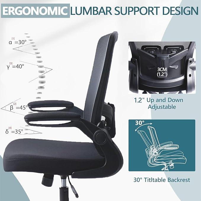 Desk Chairs with Wheels, Ergonomic Mesh Office Chair Adjustable Height and Swivel Lumbar Support Home Office Chair with Flip Up Armrests (1PK)