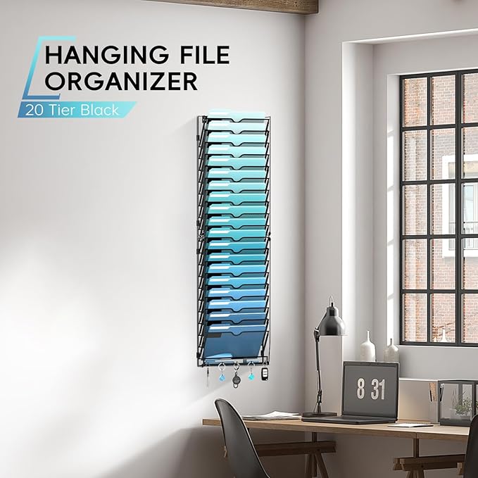 20-Tier Wall File Organizer with 5 Hooks, Hanging Mail Organizer Wall Mounted File Holder, Magazine Rack for Papers, Folders, Magazines, Office Organization, Assembly Needed, Black