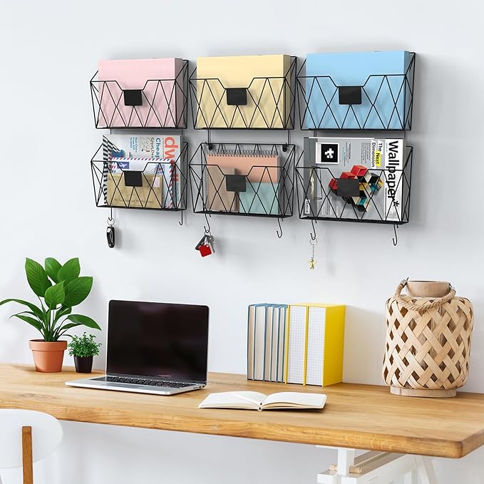 YBING Wall File Organizer Mesh Hanging Wall-mount Files Holder 6 Pack Hanging Wire Magazine Rack and Mail Holder with Hooks Office Wall Organizer for Papers Folders Files Clipboard Black