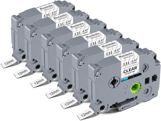 TZe-131 Clear Label Maker Tape Compatible with Brother P-Touch Label Tape 12mm 0.47 Laminated Clear TZ Tape 1/2" Work with Brother PTouch D220 PTD210 PTH110 PTH111 PTP710BT PTD400 Cube, 6-Pack