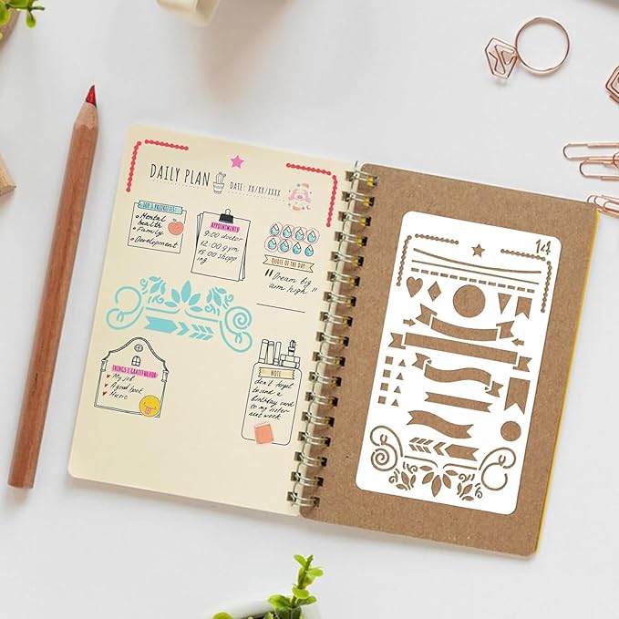 32Pcs Planner Stencils Templates for Calendar, Journal Stencils for Bullet Journaling, Reusable Plastic Handmade Flexible Record Template for DIY Drawing, Notebook & Scrapbook Accessories (4"x7")