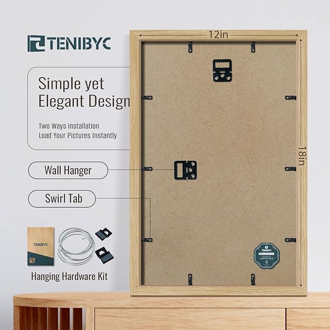 12x18 Frame Set of 3, Natural Oak Wood Picture Frame 12x18 for Photos, Posters and Art Prints, HD Tempered Glass, Wall Hanging