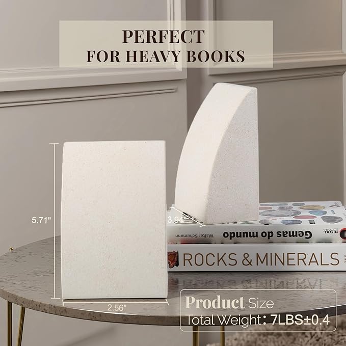 Koville Marble Bookends for Shelves, Large Bookends for Heavy Books, Natural Stone Book Stopper for Books CD Movies, Aesthetic Decorative Book Ends (Sail-Beige)