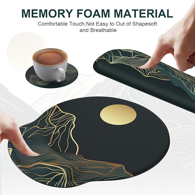 iCasso Large Mouse Pad, 4in1 XXL Mousepad + Keyboard Wrist Rest+Mouse Wrist Rest+Coaster Set with Ergonomic Design for Computer(Cyan-Mountain)