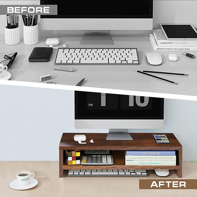 Monitor Stand Riser, 2 Tier Computer Stand, Desk Organizers and Accessories, Desktop Shelf with Storage for TV Screen PC Printer (Rust Brown-18.9inch)