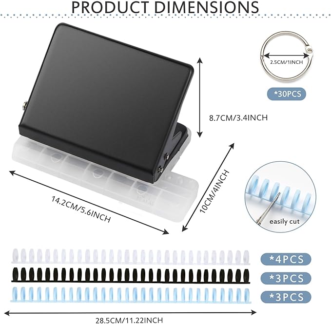 10 Hole Punch Binding Machine for Planner, Metal Binder Machine Kit with 10Pcs Plastic Comb Binding Spines & 30Pcs Loose Leaf Binder Rings, Binder Hole Puncher for A4, A5 and B5 Paper
