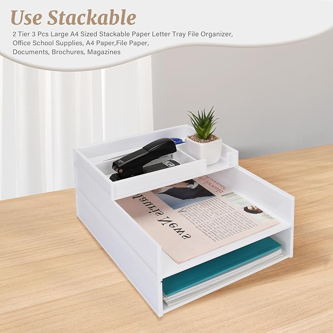 Stackable Letter Tray, 3 Pcs A4 Paper Tray, Desk Document File Organizer Set, Plastic Desk Paper Tray Organizer for A4 Paper Magazine, Receipts, Office Supplies,White