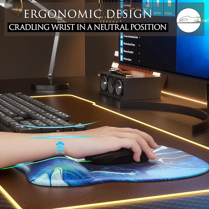 MROCO Ergonomic Mouse Pad with Gel Wrist Rest, Comfortable Mousepad with Smooth Wrist Support Surface and Non-Slip PU Base for Pain Relief, Computer, Laptop, Office & Home, 9.4 x 8.1 in, Blue Waves