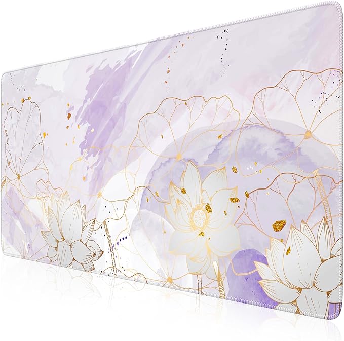 iCasso Desk Cover Mat, Extra Large Lotus Mouse Pad, Desk Pad Mat,Office Matt for Desktop Protector, Anti-Slip XXL Big Mousepad with Stitched Edges for Laptop Computer Keyboard(Purple Lotus Leaf)
