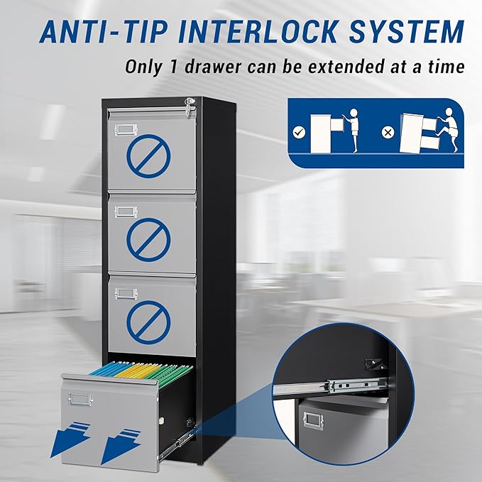 File Cabinets - 4 Drawers Vertical 17.8" Deep Lockable Filing Cabinet - Black & Gray Metal Storage Cabinets for Home Office to Hanging Files Letter/Legal/F4/A4 Size