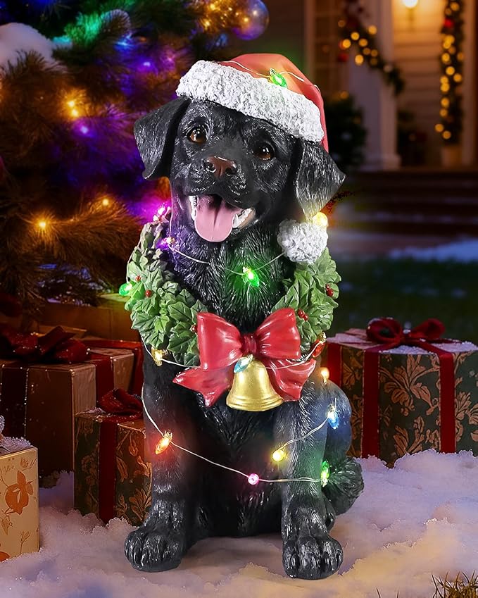 Christmas Outdoor Decoration Dog Statue, LED Light Cute Labrador Dog Sculpture with Santa Outfit & Lights for Garden and Yard, Indoor Holiday Décor Gift for mom and dad
