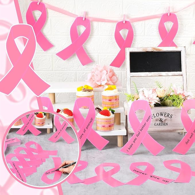 Kosiz 100 Pack Large Pink Ribbon Set 100 Breast Cancer Awareness Cutouts 2 Marker Pens 100 Wooden Clips with Rope Pink Ribbon Breast Cancer Awareness Items for Women Charity Support Supplies