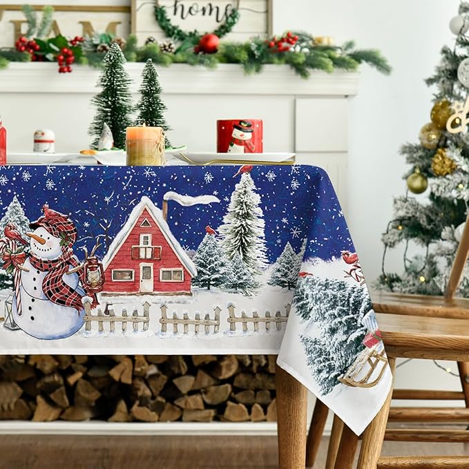 Horaldaily Christmas Tablecloth 60×104 Inch Rectangular, Winter Snowman House Christmas Trees Blue Washable Table Cover for Party Picnic Dinner Decor