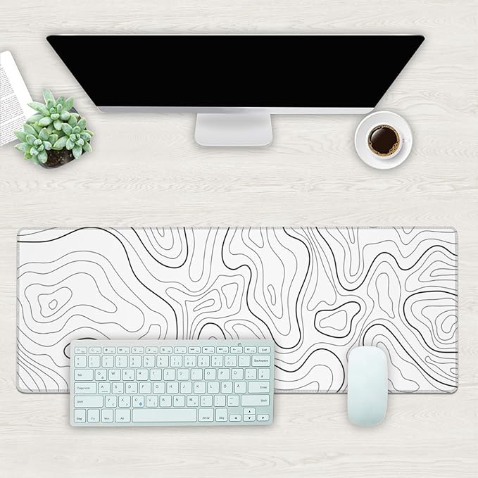 Desk Mat, White Topographic Contour Map Extended Gaming Mouse Pad Large, 31.5"x11.8" Big Mouse Pad with Non-Slip Base and Stitched Edge, Long Computer Keyboard Mouse Mat for Home Office Work