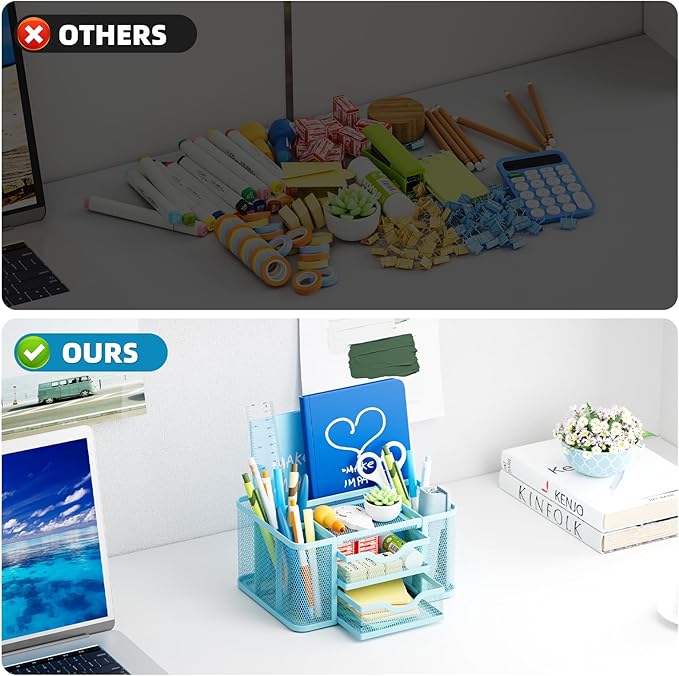 Marbrasse Mesh Desk Organizer, Pen Organizer with 2 Drawer, Multi-Functional Pencil Holder, Desk Organizers and Accessories with 5 Compartments + Drawer for Office Art Supplies (Blue)