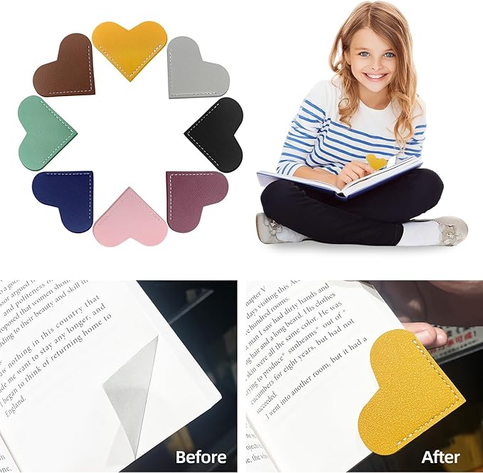 24Pcs Leather Heart Bookmarks,Cute Corner Page Book Marks,Book Accessories for Kids Women Book Lovers Teachers,Handmade Reading Gifts