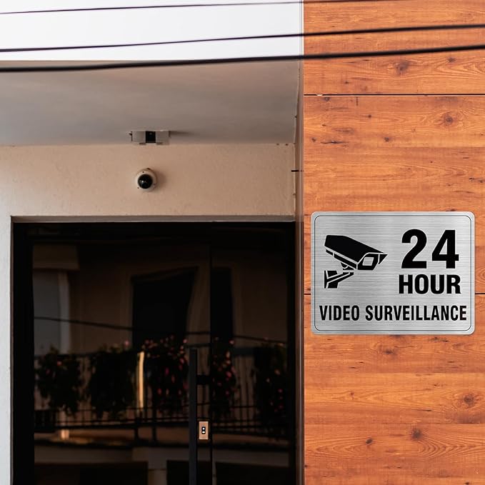24 Hour Video Surveillance Sign Aluminum Silver 8 x 6 Inches Self-Adhesive Waterproof Metal Door Wall Sign for Business Restaurants 2 Pack