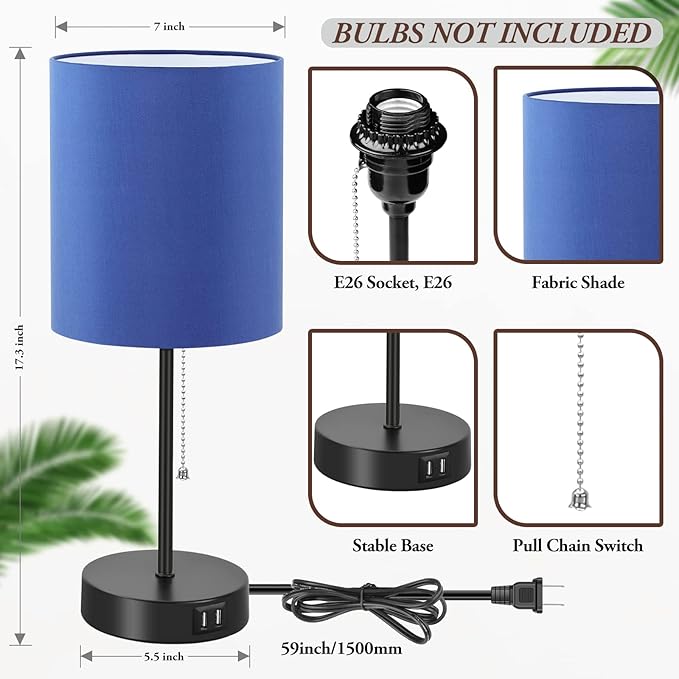 Table Lamps Set of 2 with USB Charging Ports, Blue Bedside Lamps with AC Outlet, Nightstand Lamps with Pull Chain Switch, Minimalist Modern Desk Lamps with Fabric Shade for Living Room Bedroom Office
