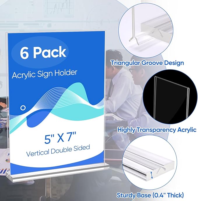 6 Pack Acrylic Sign Holder 5 x 7, Clear Double Side T Shape Acrylic Table Sign Stands for Displaying, Flyer Holder Paper Card Holder for Office Business Store Mall Restaurants