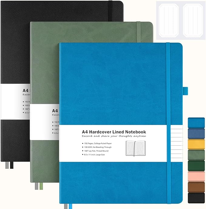 3 Pack College Ruled Notebook, A4 Hardcover Leather Notebook for Work, Lined Notebook Journal for Women, Men, 192 Thick Paper, 8.5" x 11", Large Notebook, Professional Business Notebook, Multicolor