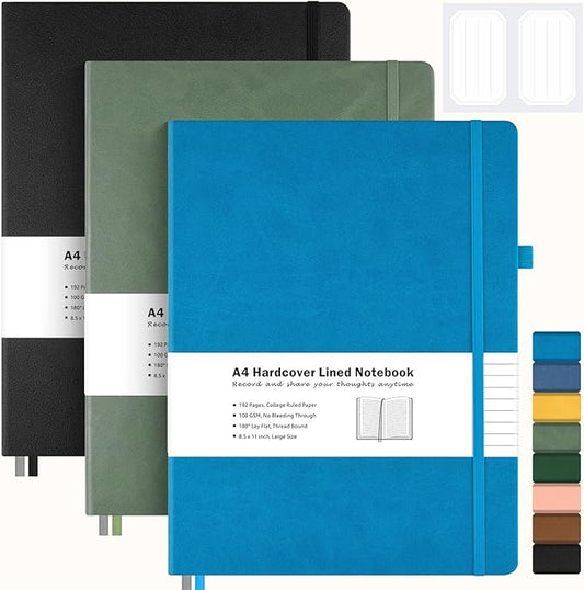 3 Pack College Ruled Notebook, A4 Hardcover Leather Notebook for Work, Lined Notebook Journal for Women, Men, 192 Thick Paper, 8.5" x 11", Large Notebook, Professional Business Notebook, Multicolor