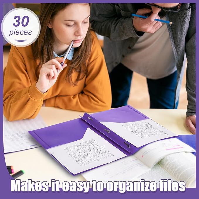 Yeaqee 30 Pcs Plastic Folders with Pockets and Prong Plastic Folders with 2 Pockets Pocket for Office, School for Students, Teachers, Office Workers (Purple)